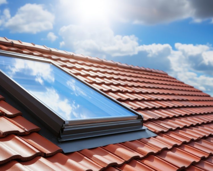 Install and maintain a modern roof window with red brick tiles in a European city street attic