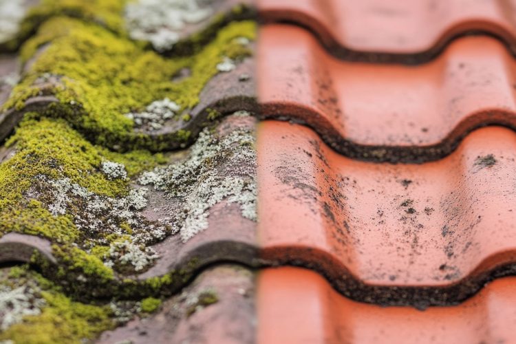 The image contrasts moss-covered roof tiles on the left with clean red tiles on the right, highlighting the effects of weathering and the importance of regular maintenance.