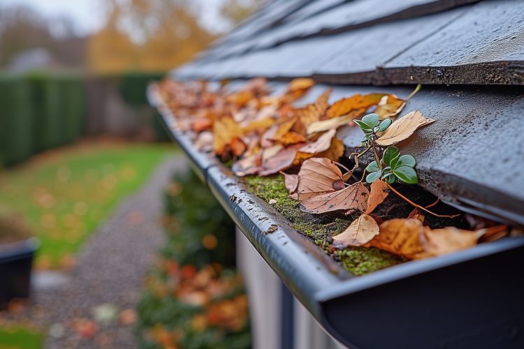 Gutter filled with autumn leaves in a residential setting, highlighting seasonal maintenance and home care