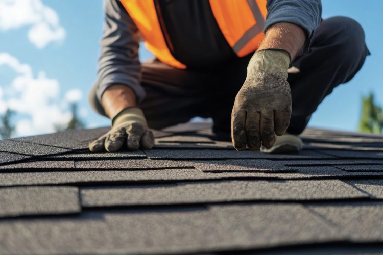 Roofing worker inspecting a roof for damage. Featuring care and thoroughness