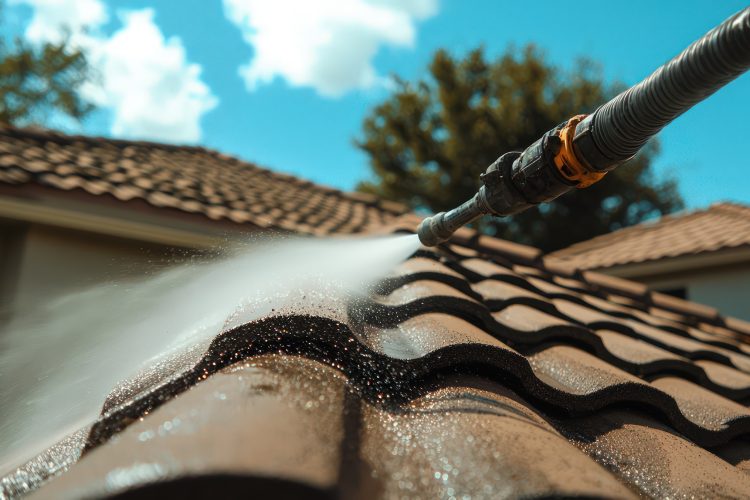 Action shot a roof being power-washed, emphasizing maintenance and cleanliness.